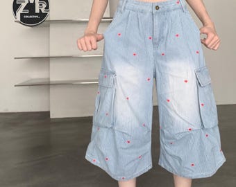 Shorts cargo oversized | Shorts utilitários listrados e folgados | Roupa para o dia a dia | Estilo streetwear Harajuku