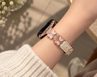 Butterfly Apple Watch Band, Leather Crystal Bracelet Strap, Dressy Womens iWatch Band