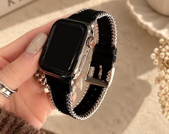 Zipper Apple Watch Band, Genuine Leather Strap, Metal Chain Bracelet, Slim Womens iWatch Band
