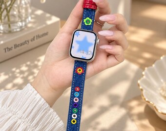 Denim Leather Apple Watch Band, Slim Women's Strap (38-49mm)