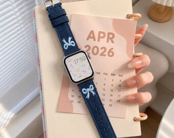 Embroidered Denim Apple Watch Band, Bowknot Smartwatch Strap (Nylon)