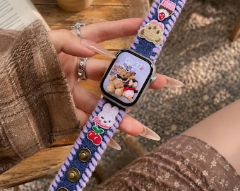 Kawaii Bear Apple Watch Band, Denim Leather Strap, 38-49mm (Blue)