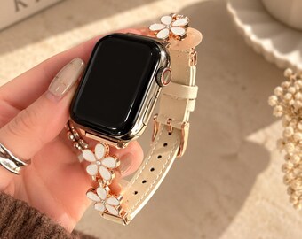 Floral Apple Watch Band, Leather Flower Bracelet Strap, Dressy Womens iWatch Jewelry
