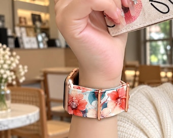 Floral Samsung Galaxy Watch Band, Stretchy Nylon Strap, Adjustable Womens Elastic Bracelet
