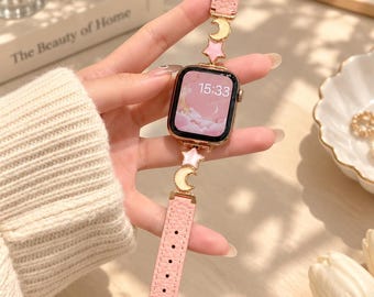 Correa Celestial para Apple Watch, pulsera de cuero rosa con luna y estrella, correa para iWatch de mujer