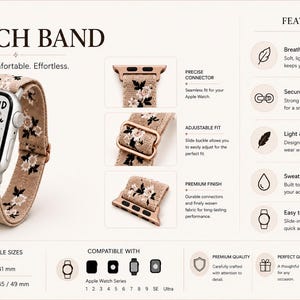 Puede incluir: Una correa de reloj tejida en color beige con un patr&oacute;n floral en blanco y negro, que incluye una hebilla deslizante y conectores met&aacute;licos. La pantalla muestra el texto "AND wish you every day 17:39". Compatible con tama&ntilde;os 38/40/41mm y 42/44/45/49mm.