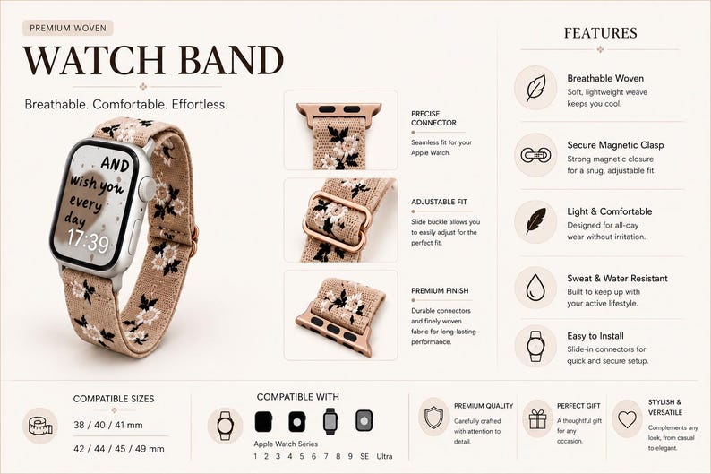 Puede incluir: Una correa de reloj tejida en color beige con un patr&oacute;n floral en blanco y negro, que incluye una hebilla deslizante y conectores met&aacute;licos. La pantalla muestra el texto "AND wish you every day 17:39". Compatible con tama&ntilde;os 38/40/41mm y 42/44/45/49mm.