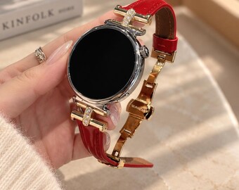 Leather Huawei Watch Band, Crystal Gold Buckle Strap, Elegant Womens Watch Bracelet