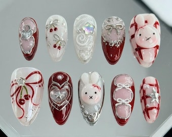 Miffy Red Cherry Press On Nails, Bunny 3D, Silver Chrome Heart Star Nails