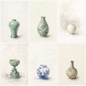 Może przedstawiać: Kolekcja sześciu akwarelowych ilustracji przedstawiających różne naczynia ceramiczne: wazon celadonowy, wazon z motywem żurawia, gładki biały wazon kulisty, czarę na nóżce w kształcie lotosu, niebiesko-biały wazon oraz szary wazon w kwiaty.