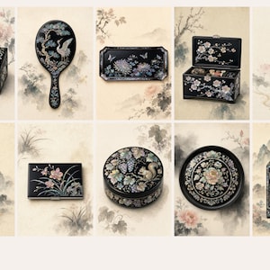 May include: A collection of black lacquerware items featuring intricate mother-of-pearl inlay designs, including a jewelry box, hand mirror, rectangular tray, storage chest, long case, cylindrical vase, card case, round box, and small cabinet.