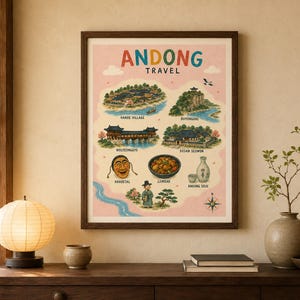 Könnte beinhalten: Ein gerahmtes Reiseplakat mit dem Titel ANDONG TRAVEL auf rosa Hintergrund, das Illustrationen von Hahoe Village, Buyongdae, Wolyeonggyo, Dosan Seowon, einer Hahoe-Maske, Jjimdak, Andong Soju, einer Person in Tracht und einem Kompass zeigt.