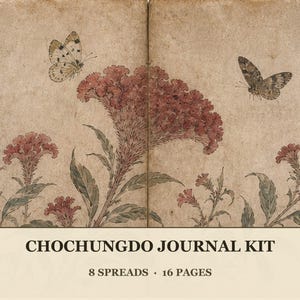 May include: A Chochungdo journal kit featuring 8 spreads and 16 pages. The design displays a beige background with illustrations of red celosia flowers and two butterflies. The text reads: CHOCHUNGDO JOURNAL KIT, 8 SPREADS, 16 PAGES.
