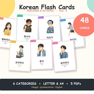 Op de afbeelding: Een set van 48 Koreaanse flashcards getiteld Korean Flash Cards Feelings & Actions Vol. 9. De kaarten bevatten illustraties van mensen die emoties en acties uitdrukken met Hangul-tekst, uitspraak en Engelse vertalingen.