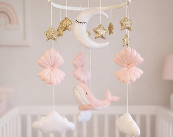 Ocean baby girl crib mobile, nursery dolphin decor, new baby gift