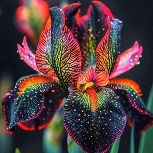 May include: A close-up of a vibrant iris flower with a striking color palette. The petals display a gradient of colors, including black, red, yellow, and pink, with intricate patterns and dotted details. Water droplets add a fresh, natural touch.