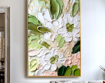 Large Flowers Original Oil Painting, Green Botanical Textured Floral Wall Decor, Boho Garden Landscape Palette Knife Canvas Art
