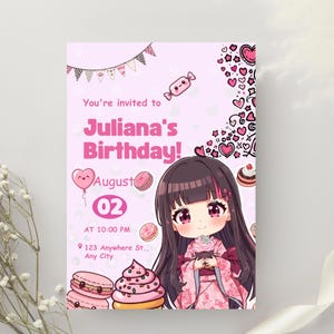 May include: A pink birthday invitation with the text "You're invited to Juliana's Birthday!" and event details. The design includes an anime-style illustration of a girl, sweets, and decorative elements.