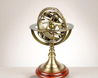 Esfera zodiacal armilar de latón macizo – Globo náutico antiguo con base de palisandro, decoración vintage para el hogar.
