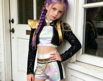 Dziewczęcy zestaw do cosplayu, strój na występ | Złoty kostium łowcy demonów Rumi na przyjęcie urodzinowe
