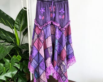 Cotton Elastic Waist Maxi Skirt, Bohemian Embroidered Patchwork Skirt,Vintage Gypsy with Lace Trim