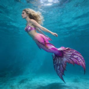 Op de afbeelding: Een zeemeermin zwemt onder water, gekleed in een roze en paarse top met schelpenpatroon en een bijpassende zeemeerminstaart. De staart loopt over van roze naar paars met ingewikkelde patronen. De zeemeermin heeft lang, golvend blond haar en is omgeven door blauw water.