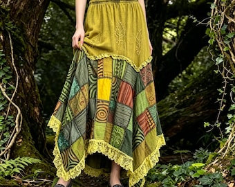 Bohemian Cotton Elastic Waist Maxi Skirt,Embroidered Asymmetthal Dress ,Patchwork Skirt,Vintage Gypsy with Lace Trim