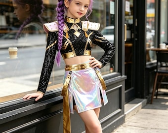 Girls Kpop Demon Hunter Rumi Golden Dress Halloween Cosplay Birthday Stage Costume