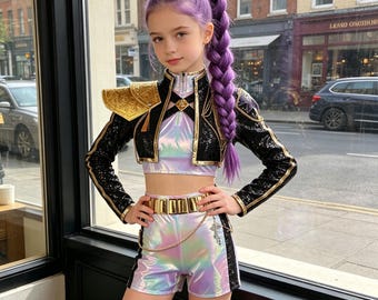 Disfraz de Rumi Cazadora de Demonios de K-Pop Dorado / Atuendo para presentaciones de niñas, Ropa para fiestas de cumpleaños