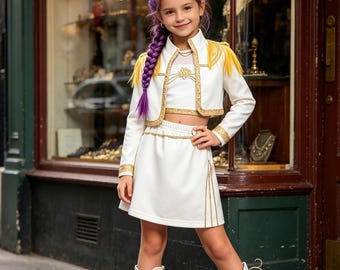 Conjunto de vestido de cosplay para niña, atuendo para actuación / Disfraz de Rumi, cazadora de demonios dorada para fiesta de cumpleaños