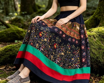 Women Vintage Floral Patchwork Maxi Skirt,Boho Festival Bohemian Skirt