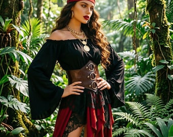 Vestido de pirata medieval para mujer con hombros descubiertos, vestido de campesina renacentista para Halloween, cosplay y festival.