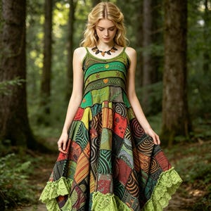 Peut inclure: Une robe patchwork colorée avec un corsage vert et une jupe évasée. La robe présente une variété de motifs et de couleurs, notamment du vert, du rouge, du jaune et du noir. L'ourlet est orné de dentelle verte. La robe est sans manches et a une encolure dégagée.