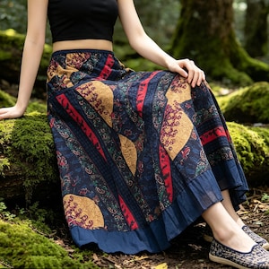 Vintage Floral Patchwork Maxi Skirt, Women Boho Festival Bohemian Skirt
