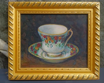 Framed Hand-Painted Teacup Oil Painting, Floral Still Life Wall Art