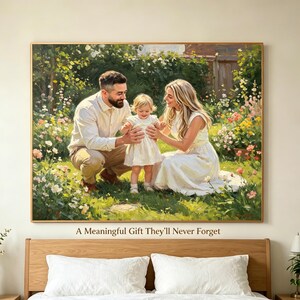 May include: A framed painting depicts a family of three in a garden setting. The artwork shows a man, woman, and child surrounded by flowers and greenery. The painting has a gold frame and the text "A Meaningful Gift They'll Never Forget" is at the bottom.