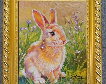 Handgeschilderd olieverfschilderij, ingelijste originele kunst, muurdecoratie konijn, woondecoratie huisdier
