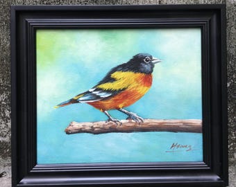 Cuadro al óleo original pintado a mano con diseño de pájaro, lienzo enmarcado para decoración de pared (25,4 x 20,3 cm).