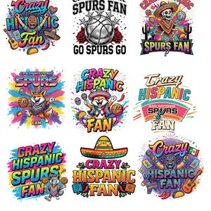 May include: A collection of colorful graphic designs with the text "Crazy Hispanic Spurs Fan." The designs feature basketballs, sombreros, luchador masks, and other cultural elements. The color palette includes vibrant blues, pinks, greens, and oranges.