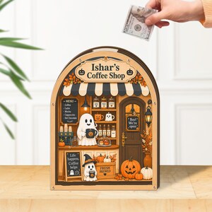 Wooden piggy bank halloween ghost coffee shop fall money box arched desk decor