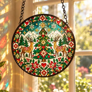 May include: A circular stained glass suncatcher featuring a central Christmas tree flanked by two deer, surrounded by a border of red hearts, poinsettias, and snowflakes, suspended by a black metal chain against a bright window.