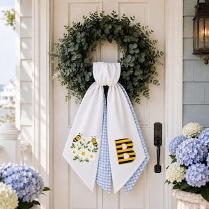 Bumblebee Daisy Wreath Sash, Gingham Trimmed Door Bow, Summer Porch Decor Tie