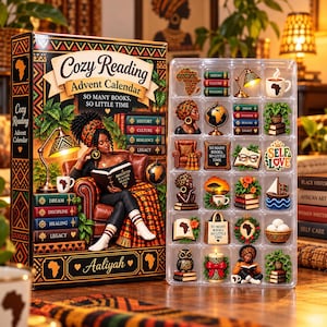May include: A Cozy Reading Advent Calendar box featuring an illustration of a person reading in a chair, alongside a clear plastic tray containing twenty-four miniature figurines including books, lamps, globes, and plants.