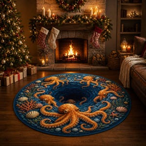 Könnte beinhalten: Ein runder Teppich mit einem tiefblauen Meeresboden-Design, das mehrere orangefarbene Kraken, verschiedene Muscheln und Korallenriffe zeigt. Die Mitte des Teppichs weist einen dunklen, wirbelnden Strudeleffekt auf, der von Meeresmotiven umgeben ist.