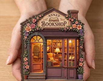 Miniatur-Buchhandlungsschild aus Holz mit floralem Lesespruch als Regaldekoration