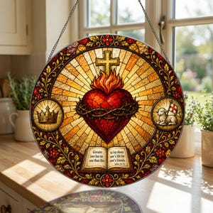 Pode incluir: Vitral redondo com tema religioso. O design apresenta um coração com uma coroa de espinhos, uma cruz e um cordeiro com uma bandeira. O texto diz: "Ninguém tem maior amor do que este: dar a vida por seus amigos. João 15:13."