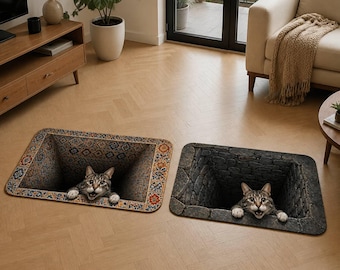 3D Cat Optical Illusion Doormat: Peeking Tabby Floor Rug, Stone or Tile Design