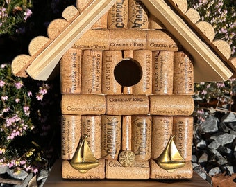 Wood, wine cork and metal art outdoor birdhouse handcrafted bird house for songbirds.