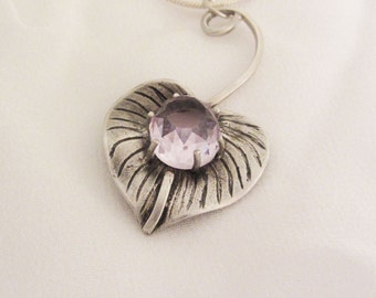 Sterling Silver Necklace / Pendant – Heart Leaf with Amethyst