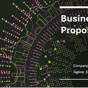 Pode incluir: Modelo de proposta comercial verde escuro com um design de rede em tons de verde, rosa e amarelo. As palavras "Business Proposal" estão em branco, com o nome da empresa e o slogan abaixo.